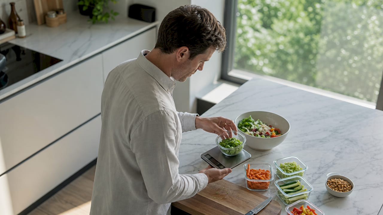 Mit der Küchenwaage werden Zutaten fürs Meal Prep abgewogen.