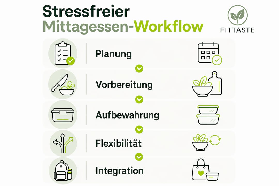 Die Infografik zeigt, wie man Schritt für Schritt ein entspanntes Mittagessen organisiert.