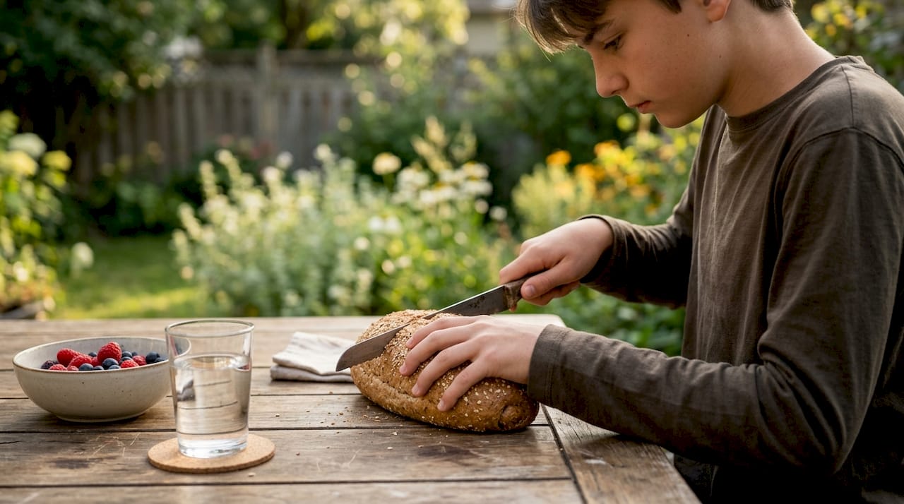 In der Küche wird ein frisches Vollkornbrot von Hand aufgeschnitten.