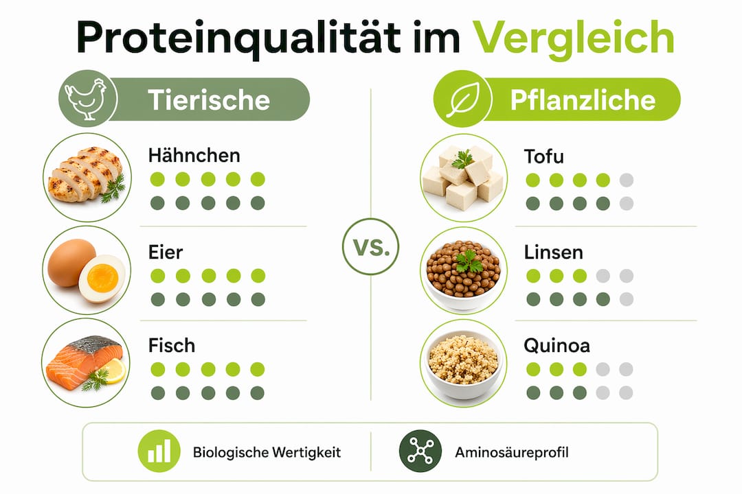 Grafik: Tierische vs. pflanzliche Eiweißquellen im Vergleich – welche Proteine stecken wo drin?