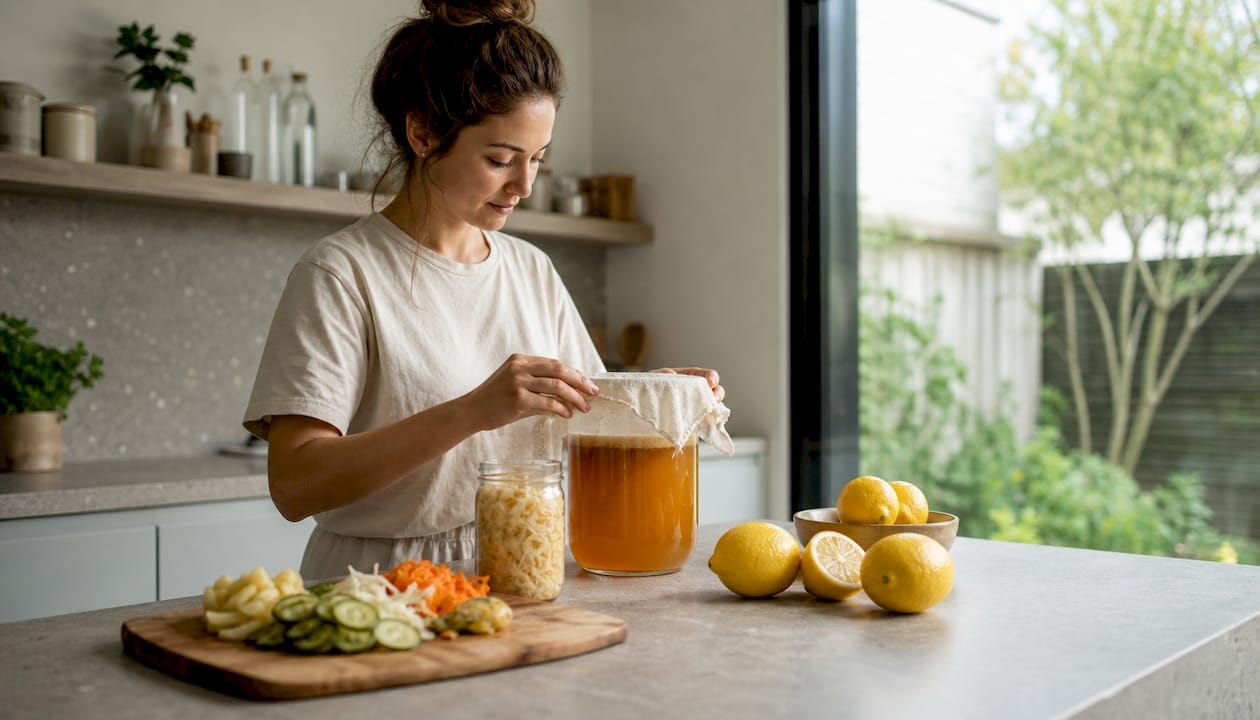 Mit den Händen wird das Glas mit Kombucha abgedeckt.