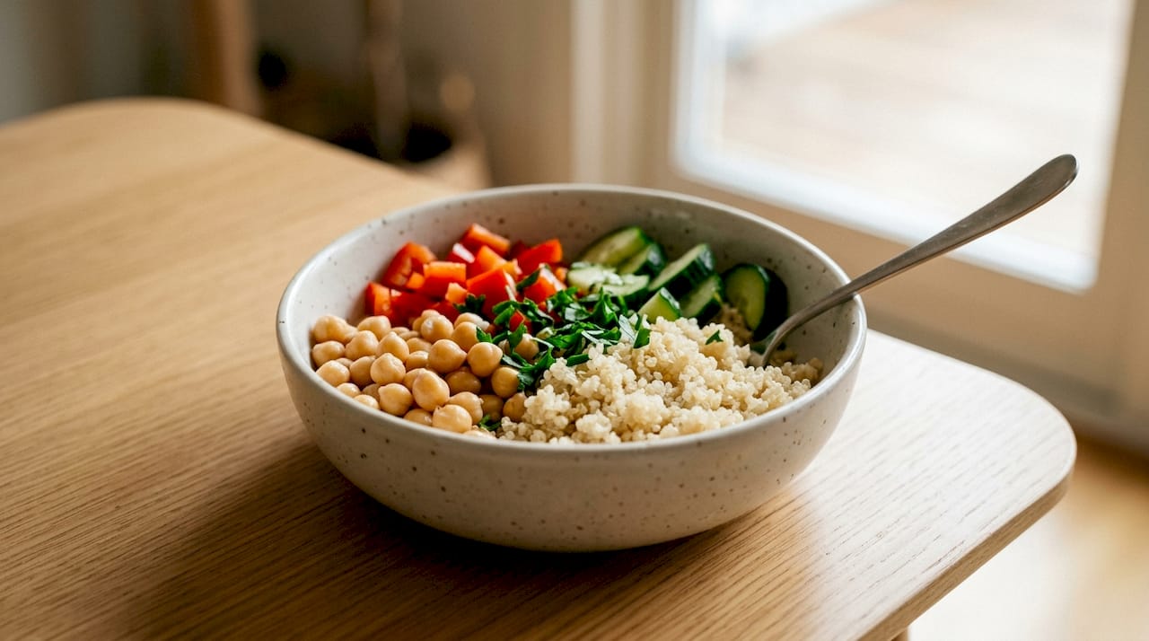 Detailreiche Aufnahme einer farbenfrohen Quinoa-Bowl mit Kichererbsen