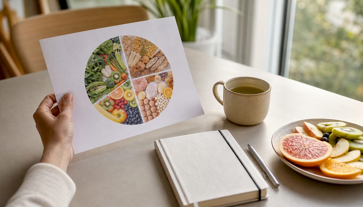 Eine Hand präsentiert ein Ernährungskreis-Diagramm.