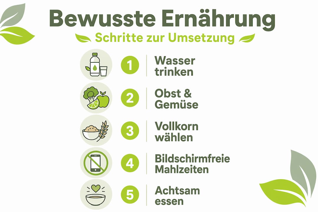 Grafik: Schritt-für-Schritt-Anleitung für eine bewusste und ausgewogene Ernährung