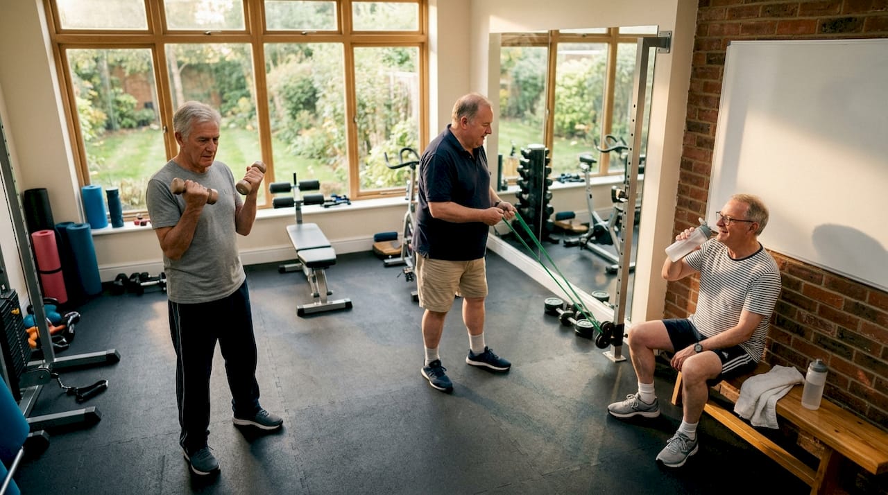 Ältere Männer halten sich im Fitnessstudio fit.