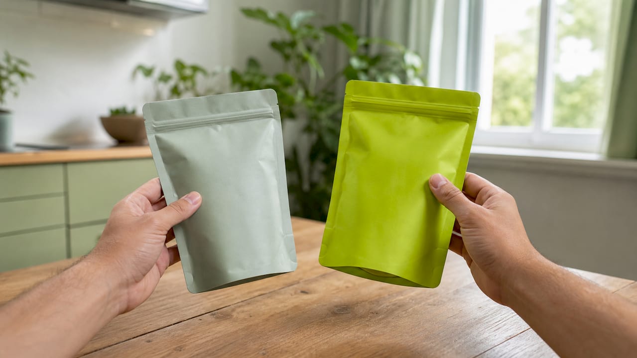 Zwei Hände halten verschiedene Lebensmittelverpackungen nebeneinander und vergleichen die Nährwertangaben.