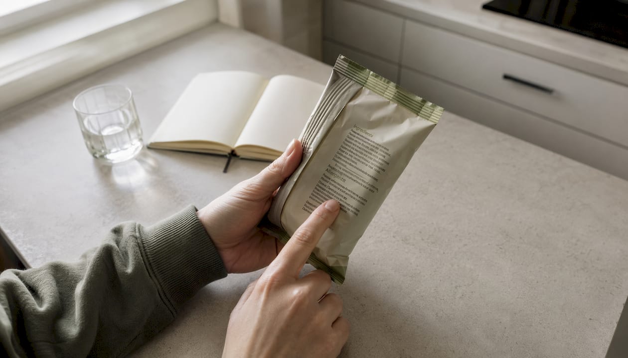 Hände deuten auf die Zutatenliste und machen auf enthaltenen Zucker aufmerksam