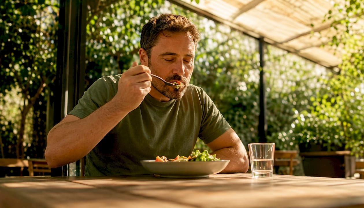 Mit geschlossenen Augen genießt ein Mann ganz bewusst sein Essen.