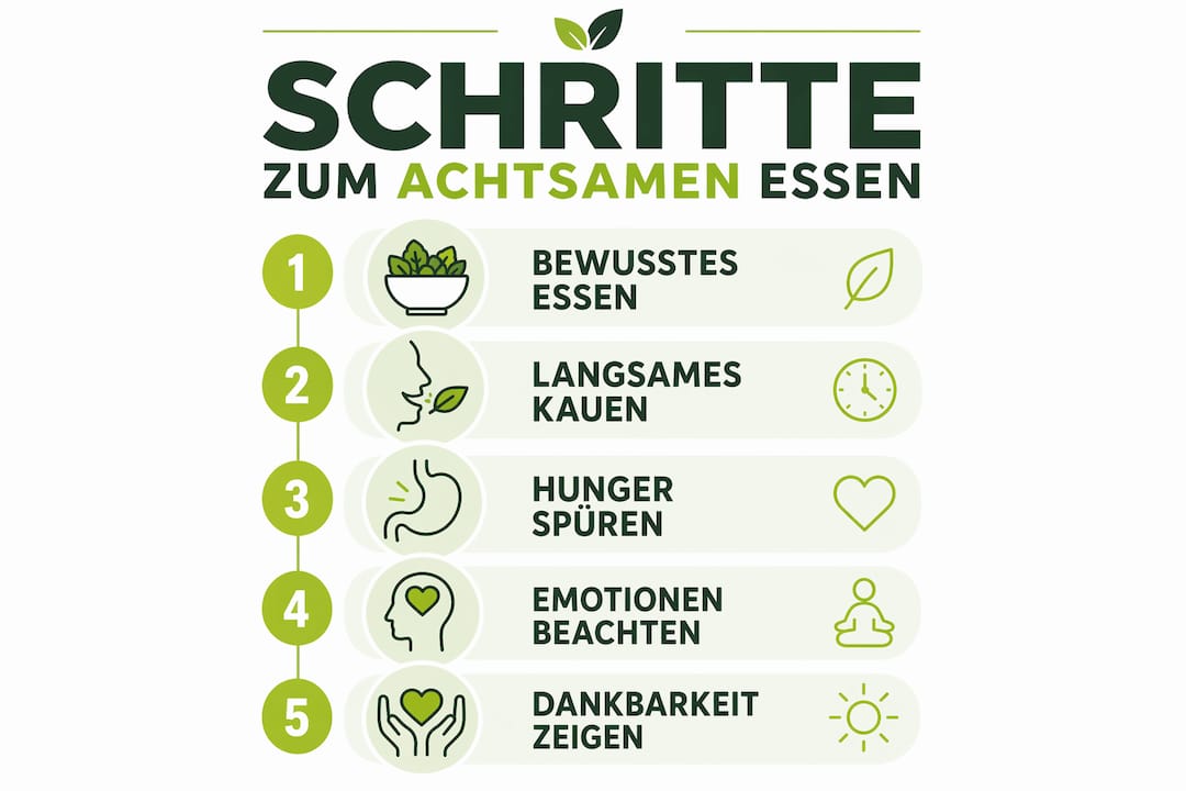 Schritt-für-Schritt-Anleitung für bewusstes und achtsames Essen – als übersichtliche Infografik