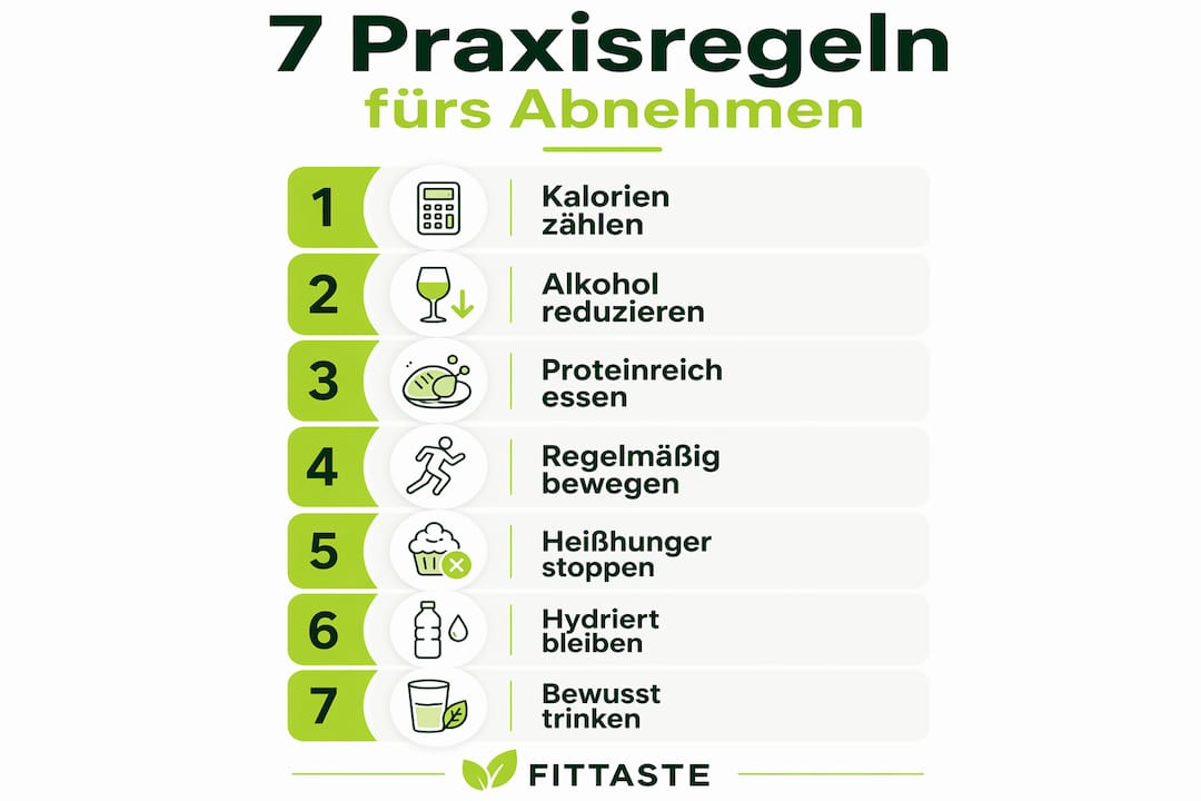 Infografik: 7 alltagstaugliche Tipps, wie du trotz Alkoholgenuss erfolgreich abnehmen kannst