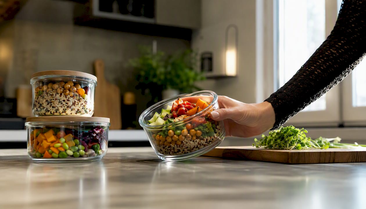 Auf der Küchenarbeitsplatte stehen praktische Fertiggerichte im Glas, reich an Eiweiß – ideal für eine schnelle und gesunde Mahlzeit.