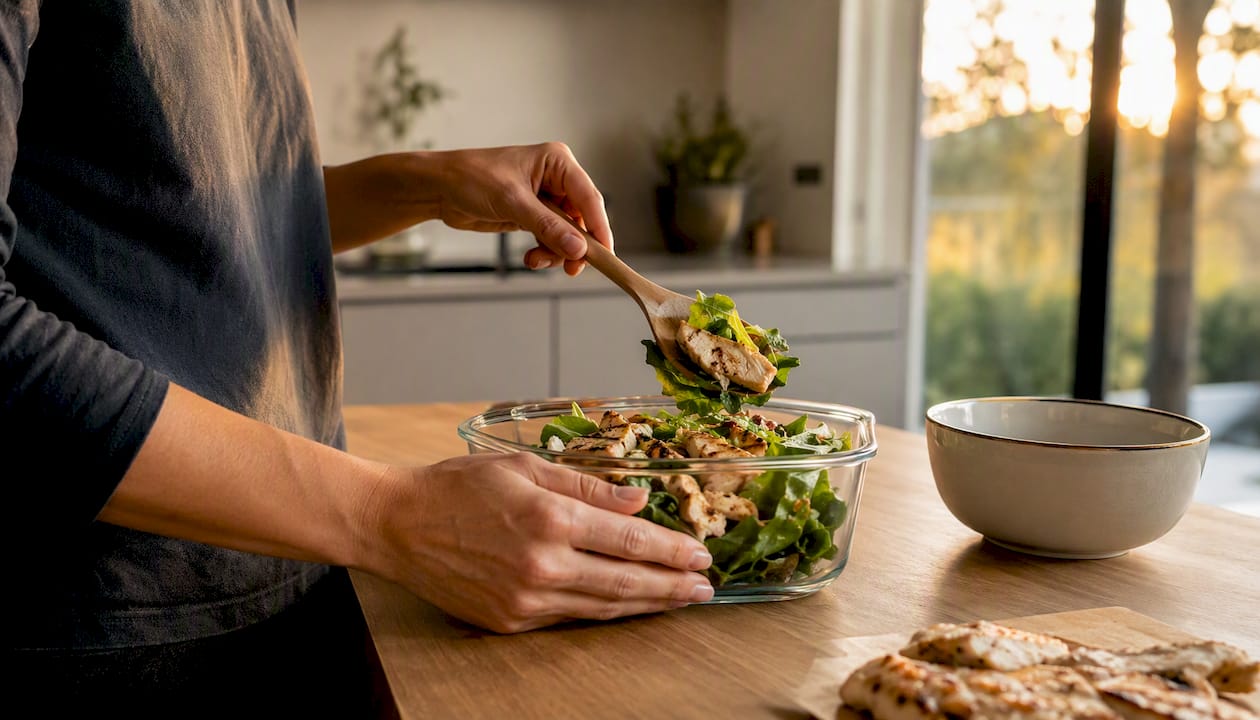 Mit geschickten Händen wird eine proteinreiche Mahlzeit aus einem Glas zubereitet.