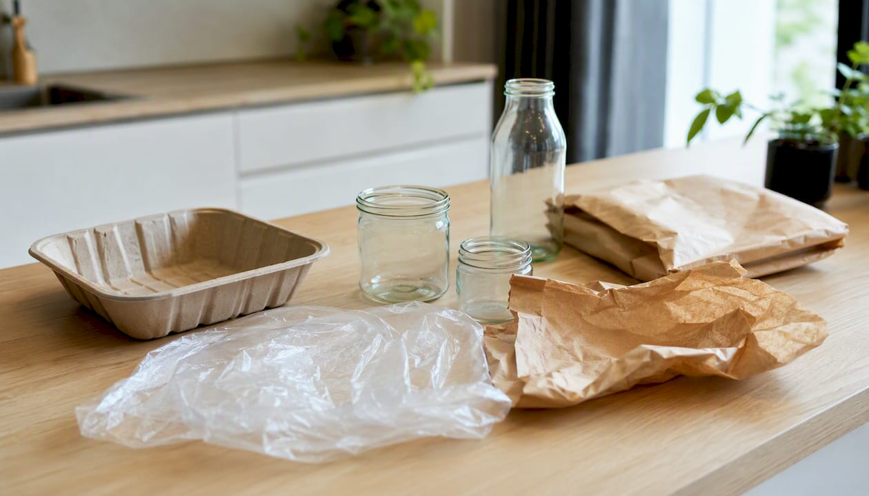 Verschiedene umweltfreundliche Verpackungsmaterialien aus der Nähe betrachtet