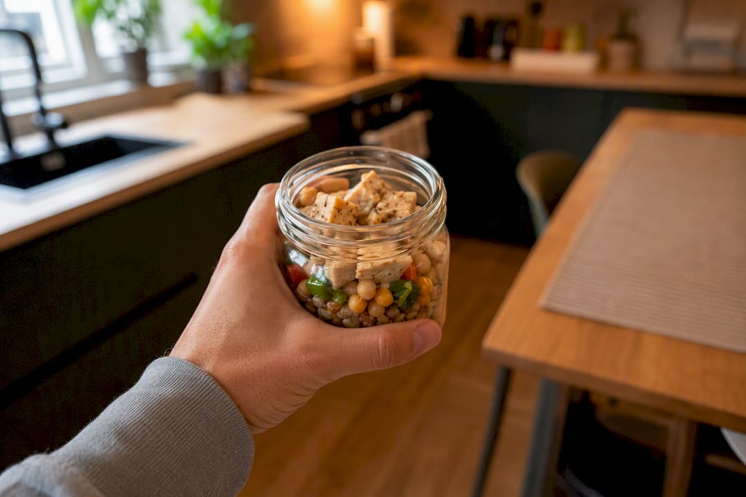 Hand hält ein Glas mit proteinreichem Fertiggericht