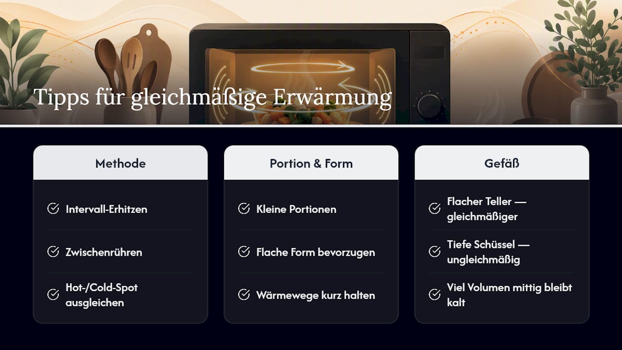 Diagramm zeigt Mikrowellen-Erhitzungsintervalle und Einfluss der Gefäßform