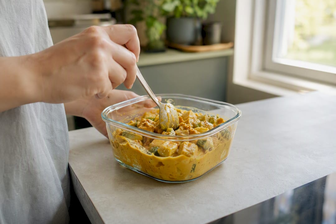 Hände rühren proteinreiches Curry in einem Glasgefäß um