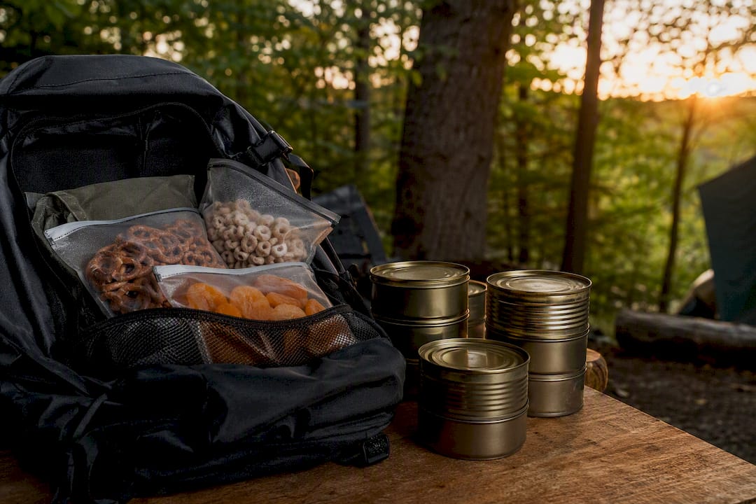 Trockene Snacks und Konserven fürs Camping