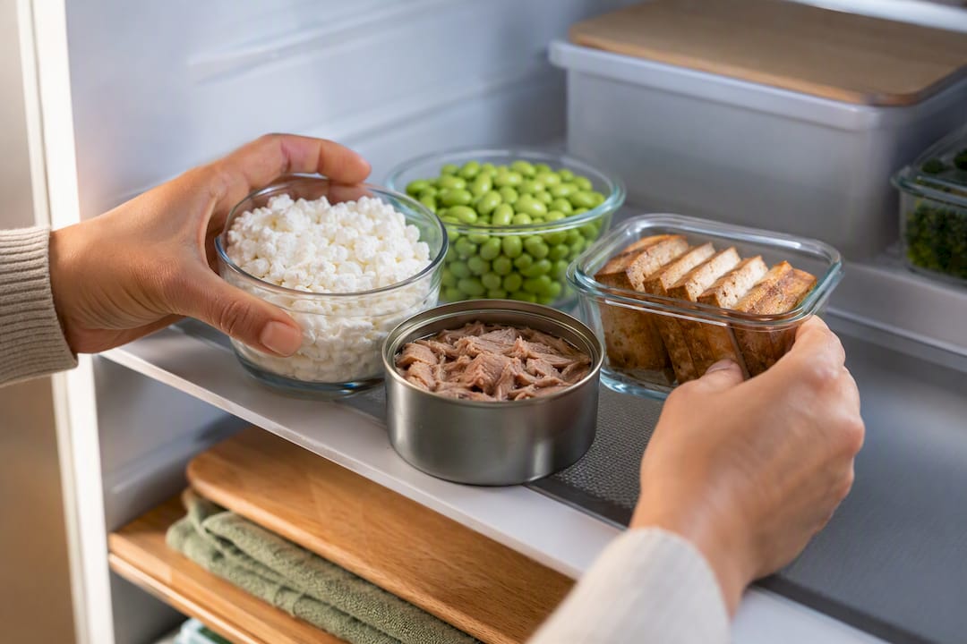 Hüttenkäse, Edamame, Tofu und Thunfisch