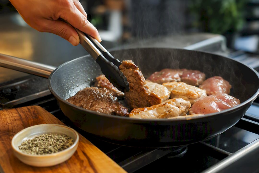 Mageres Fleisch wird für den Eintopf angebraten