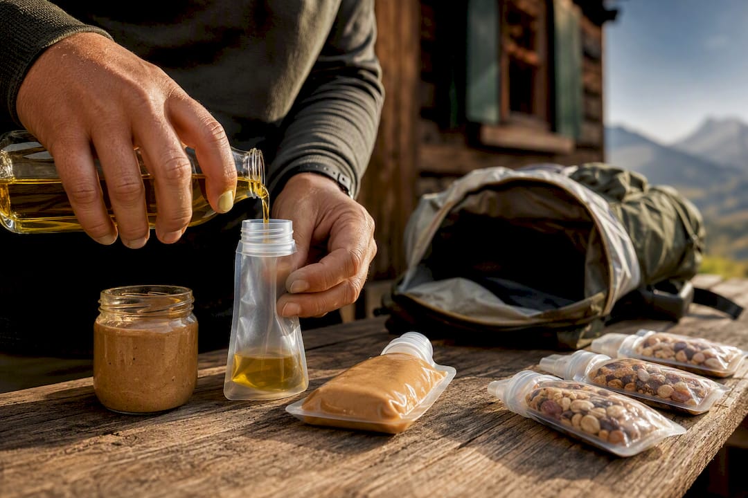 Öl und Nussbutter in Quetschbeuteln abgemessen
