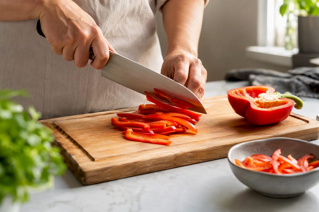 Hände schneiden Paprika mit einem scharfen Messer