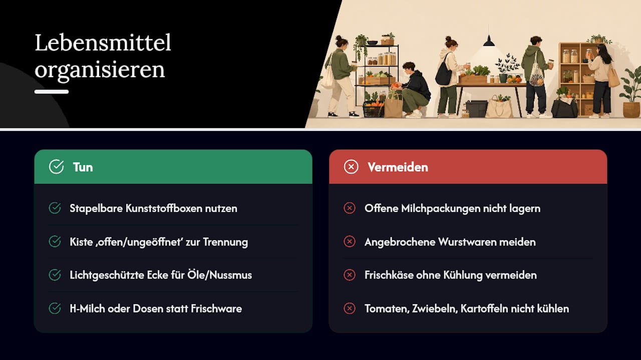 Lebensmittel ohne Küchenschrank oder Kühlschrank organisieren — overview diagram