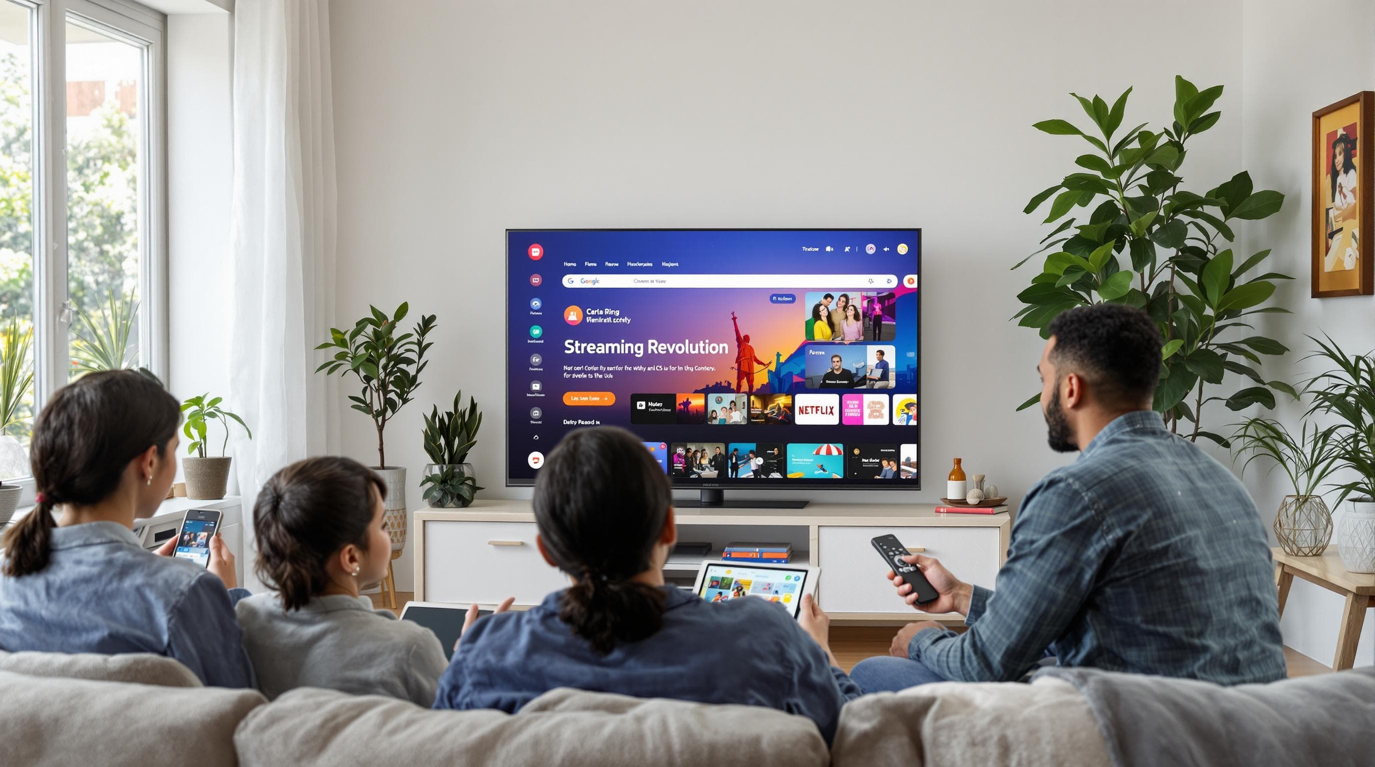 Friends gather in bright living room, using devices to stream TV shows.