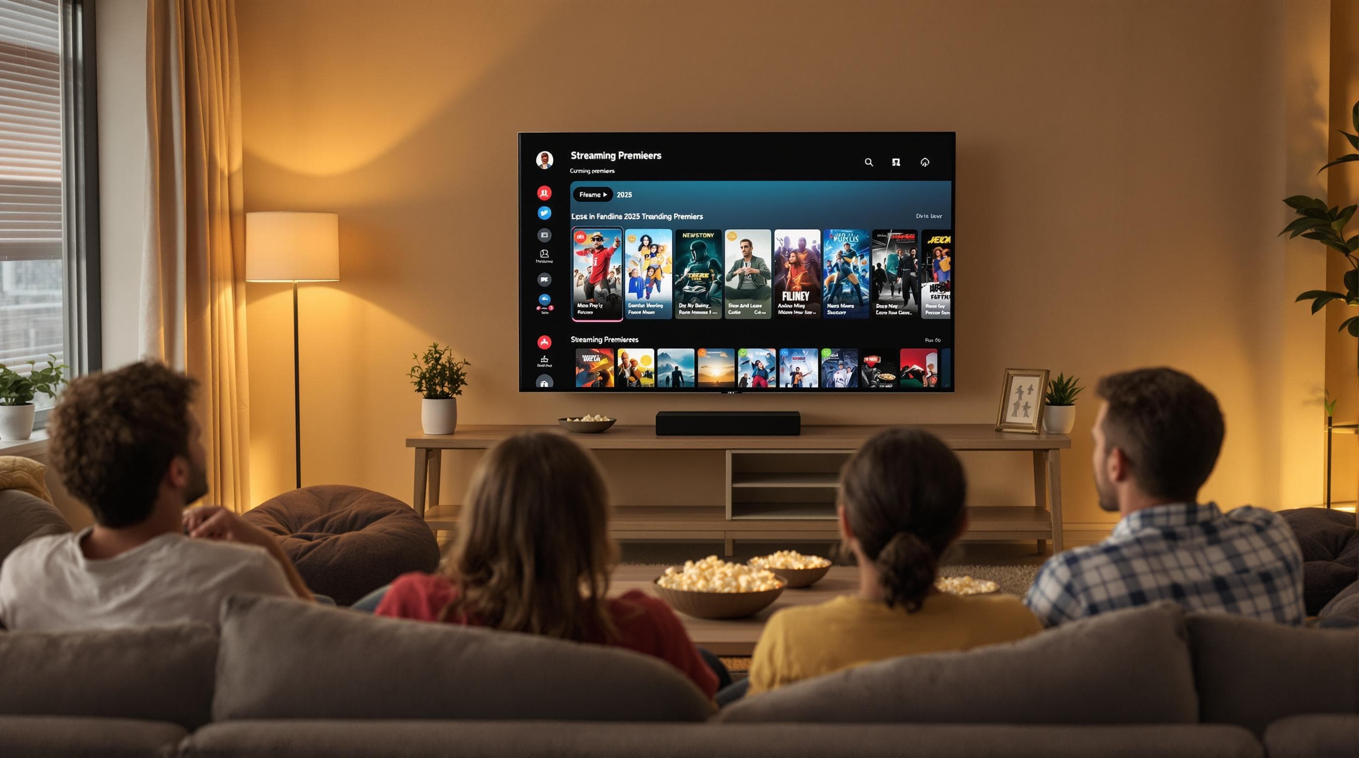 Friends enjoying 2025 movie night with 'Streaming Premieres' banner on TV screen