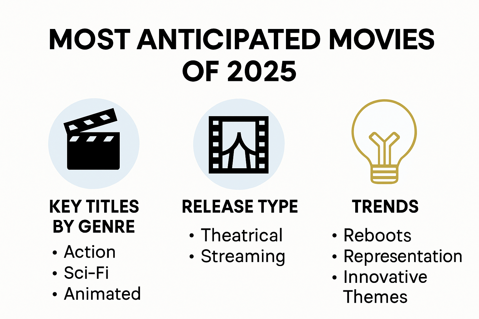 Infographic of top new movie releases 2025 by genre and platform.