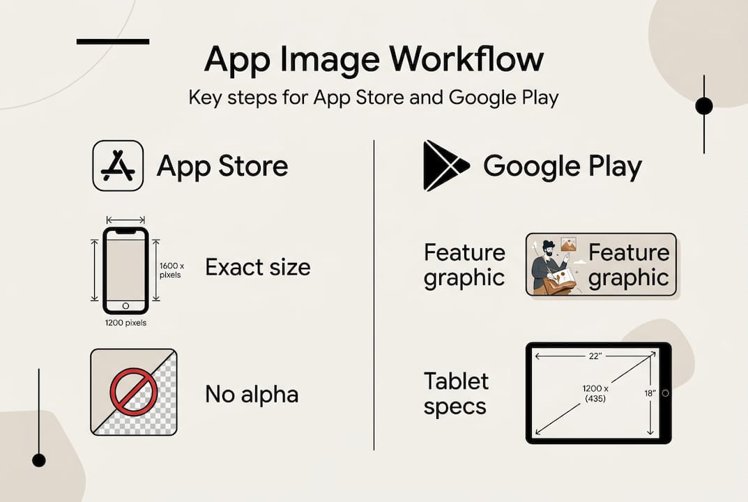 Infographic comparing App Store and Google Play image workflow