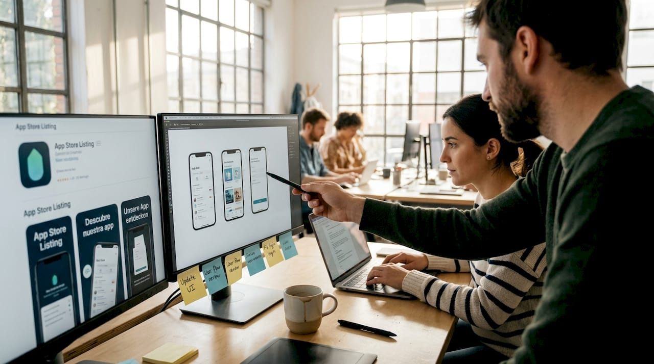 Team reviewing app screenshots at desk