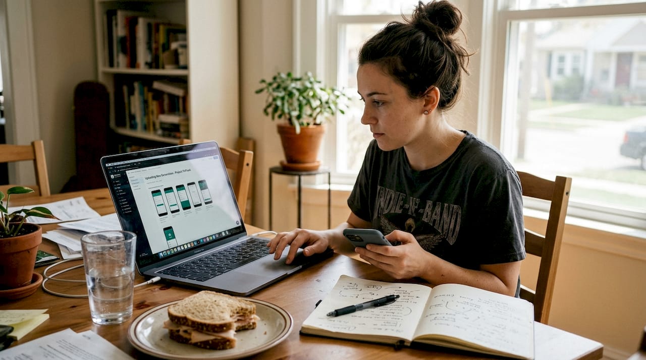 Woman updates app visuals on laptop at table
