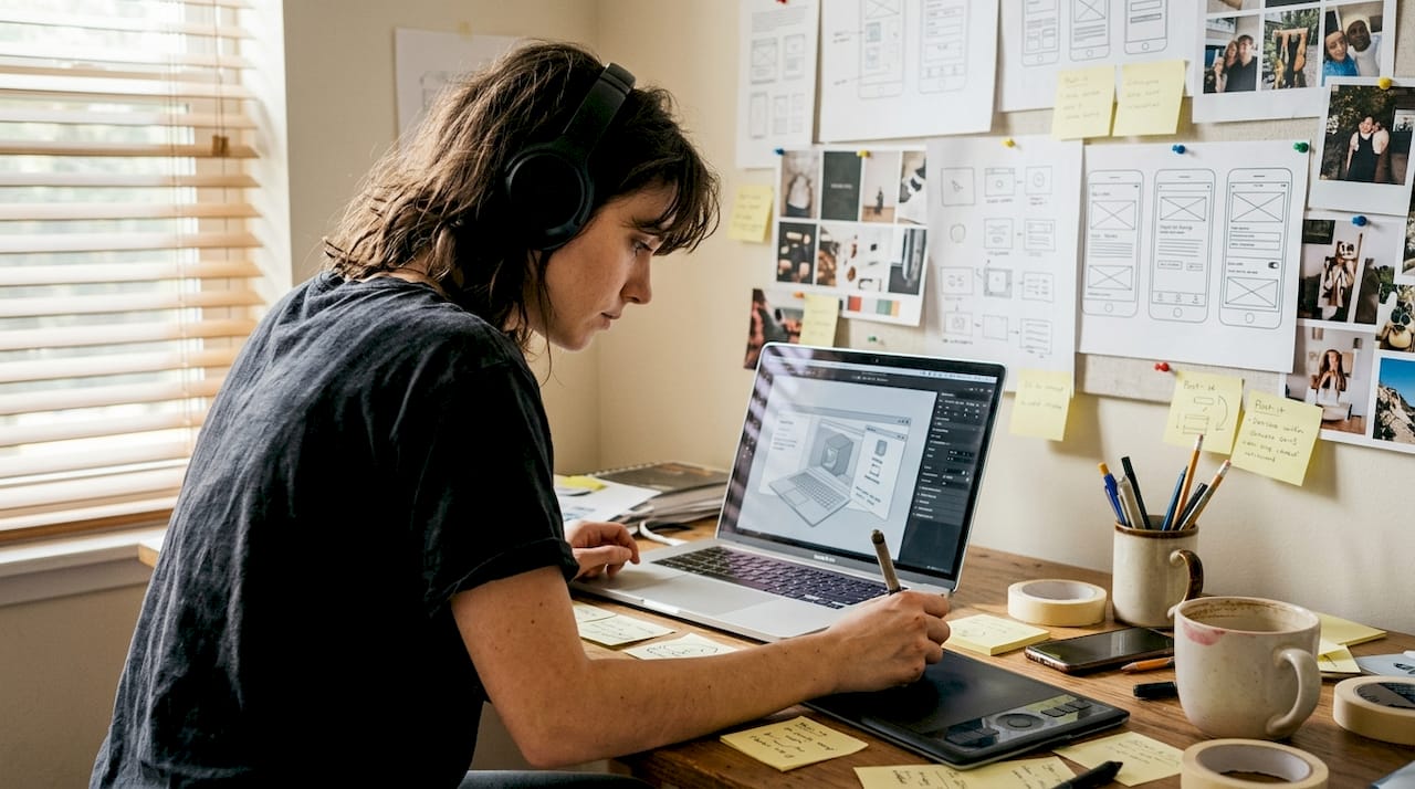 Designer working on 3D app mockup screenshots