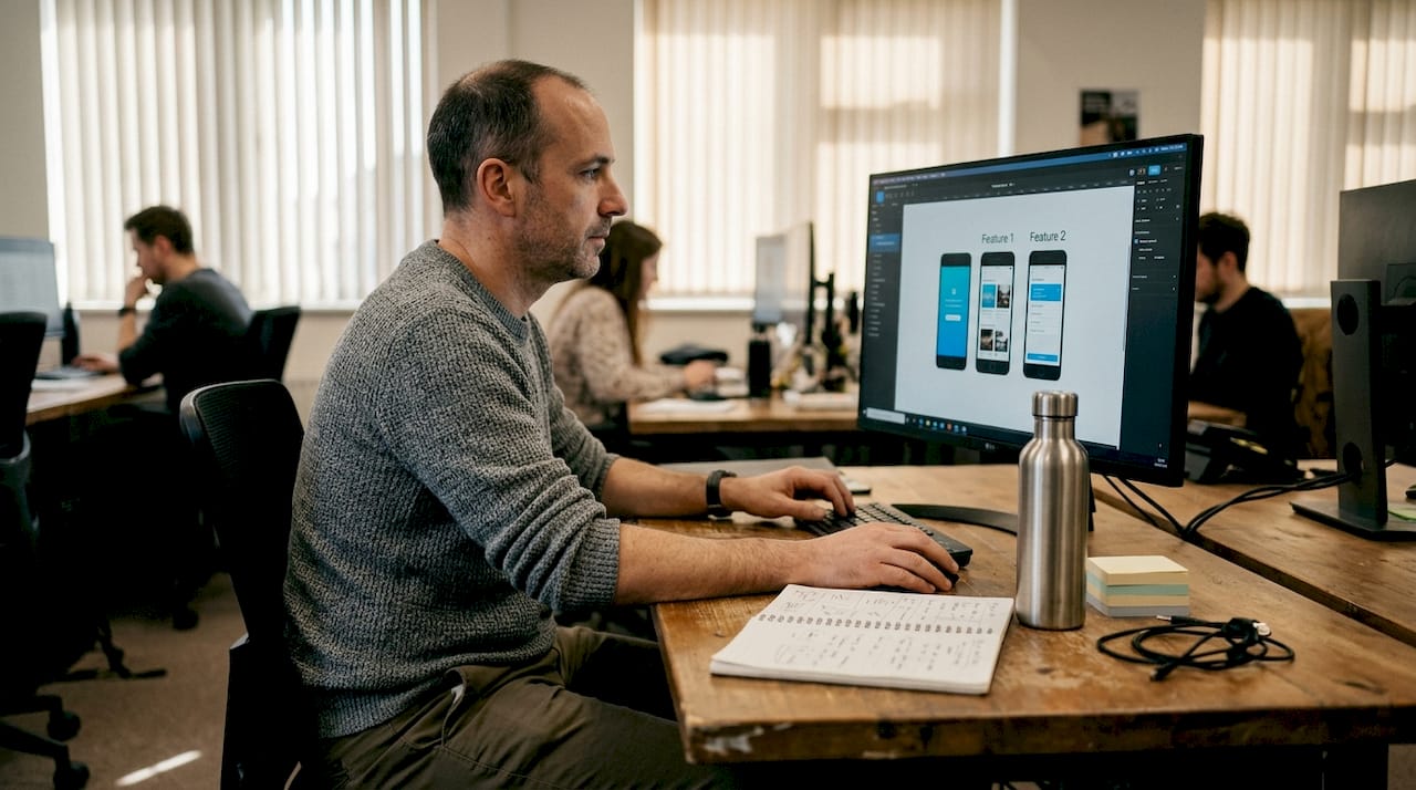 Man arranging app screenshots workflow