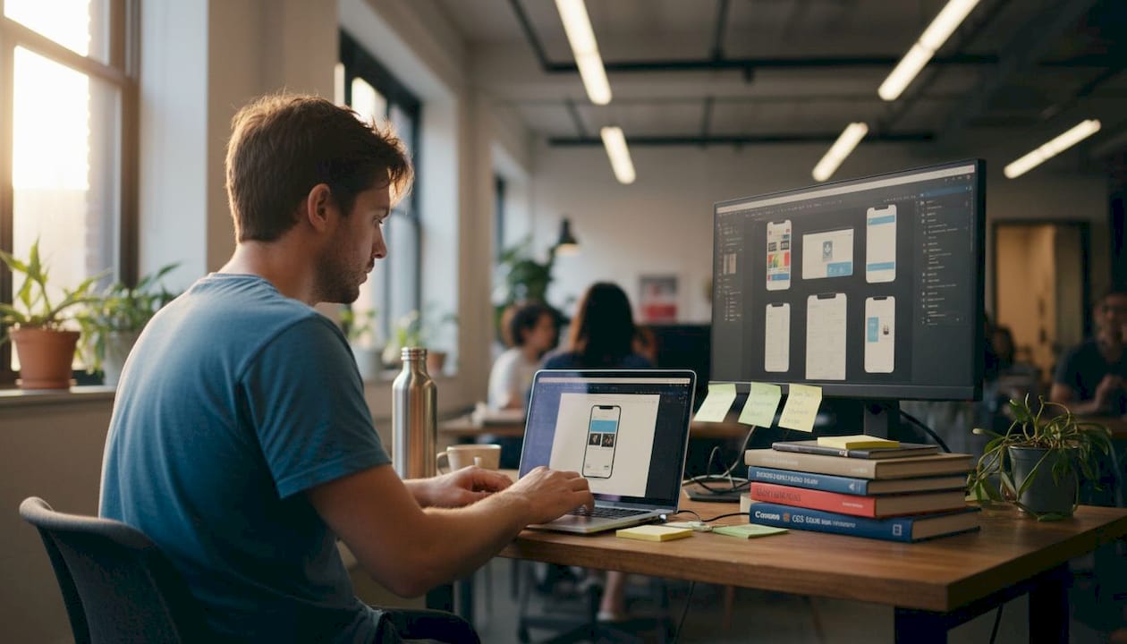 Designer creating app store device mockups