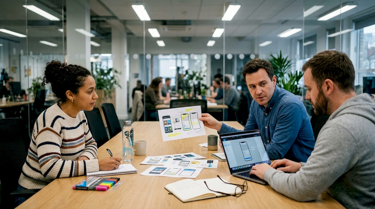 Team analyzing app mockup screenshots together