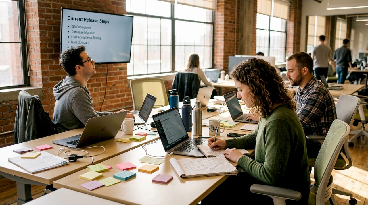 Team reviewing app release workflow