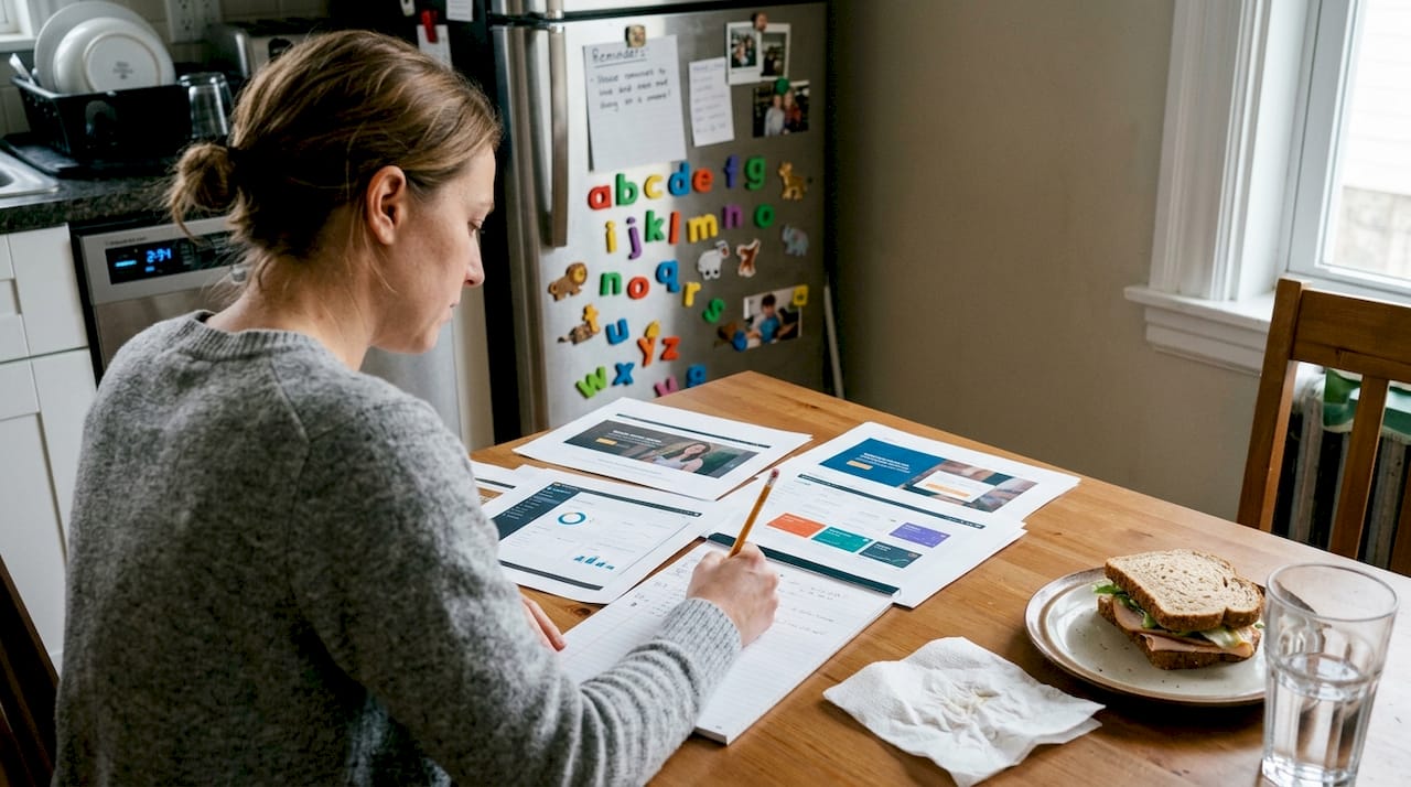 Woman reviews app screenshots at kitchen table