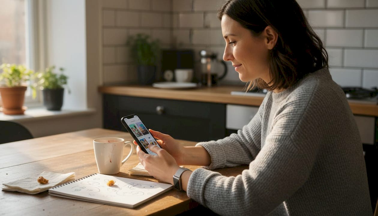 User testing app screenshots at kitchen table