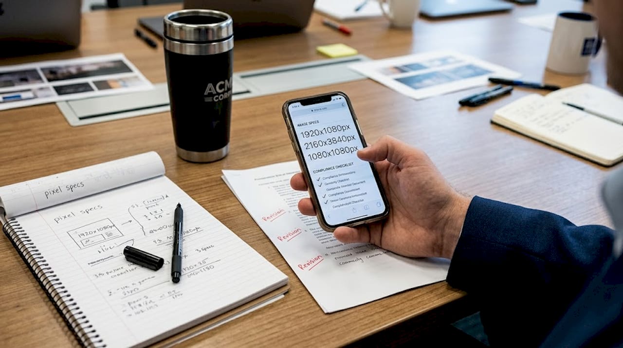 Hand holding phone displaying screenshot specs