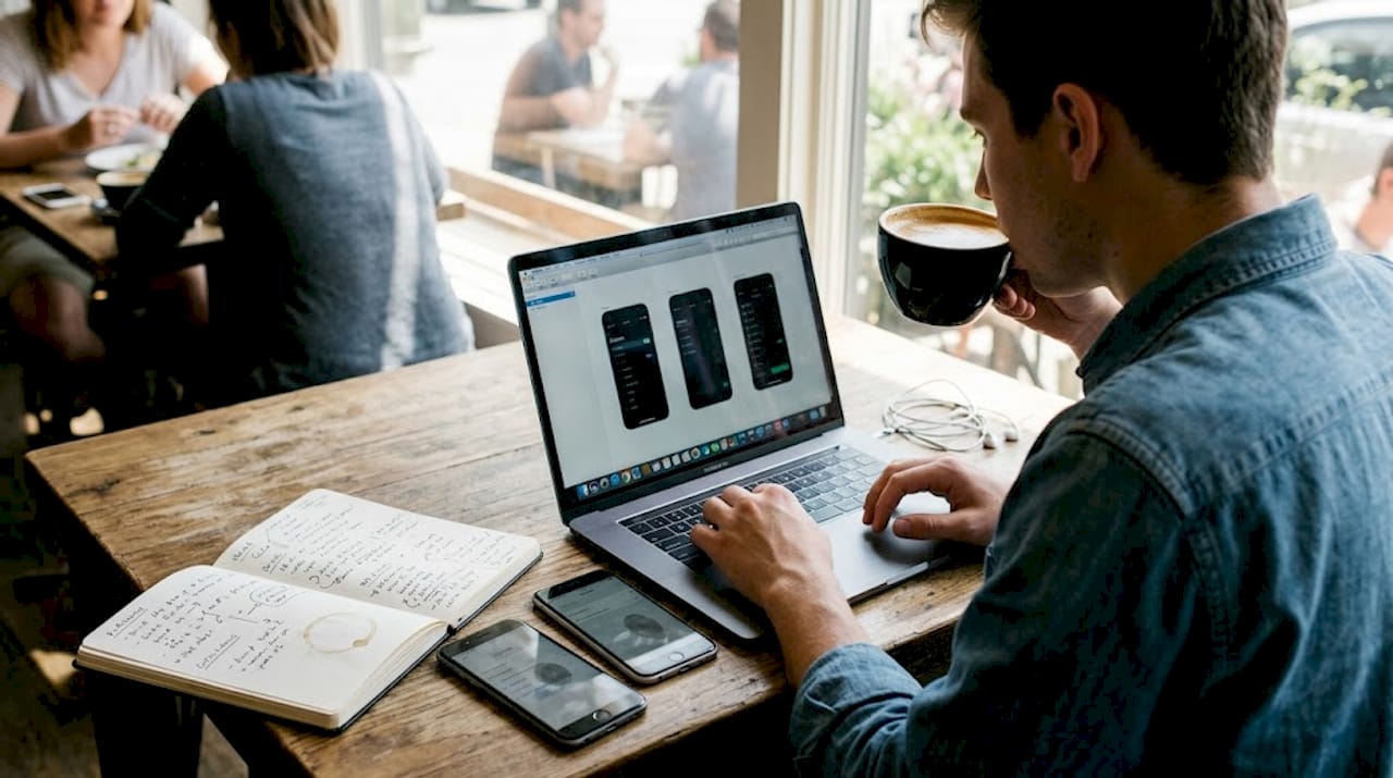 Designer reviewing app screenshots in café setting