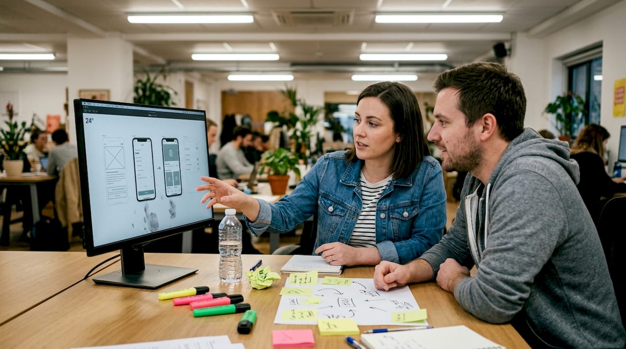 Team discussing app screenshots review on monitor