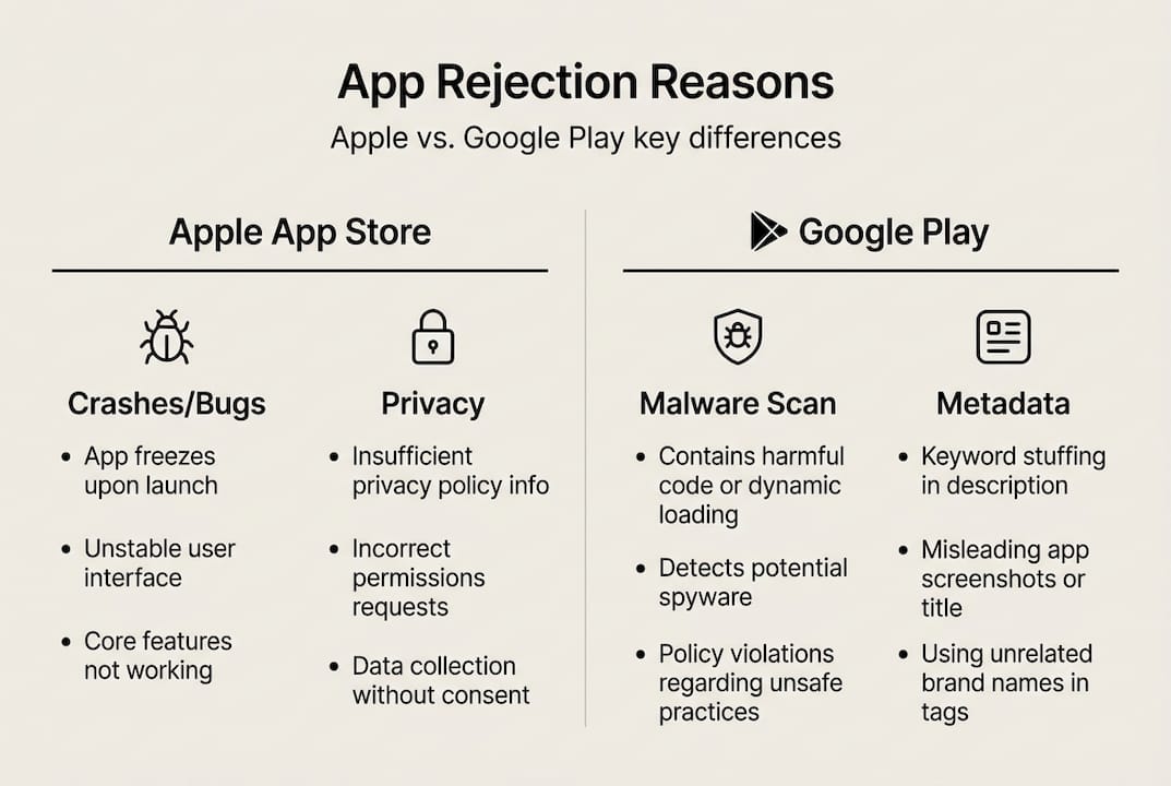 Infographic comparing Apple and Google app rejection reasons