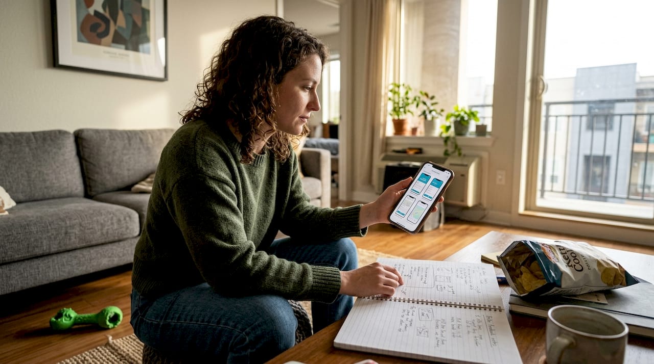 Indie developer evaluating app screenshots at home