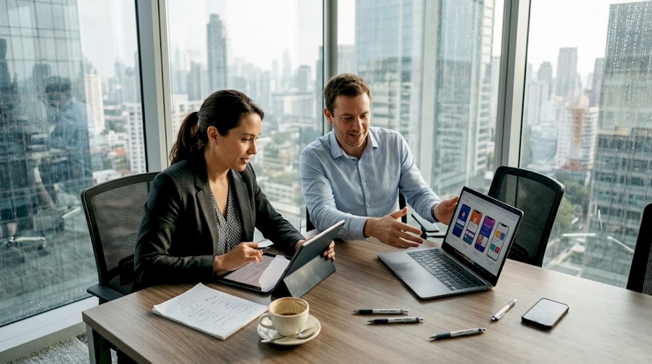 Team reviews branded app screenshots