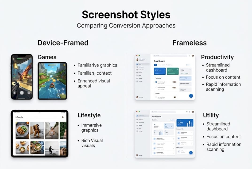 Infographic comparing app screenshot styles
