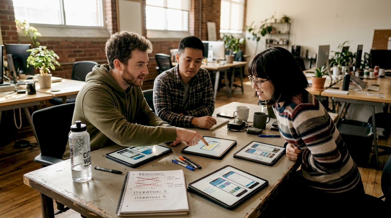 Team discussing app screenshot revisions