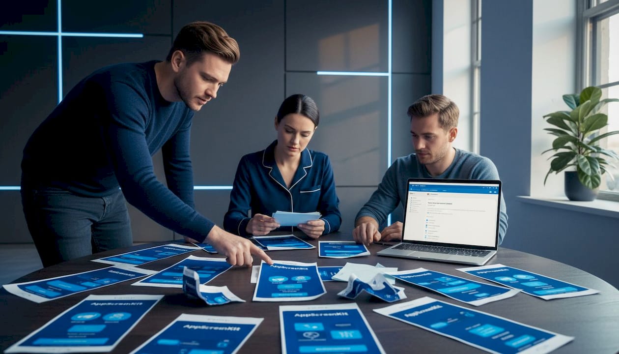 Team discussing app screenshot mockups