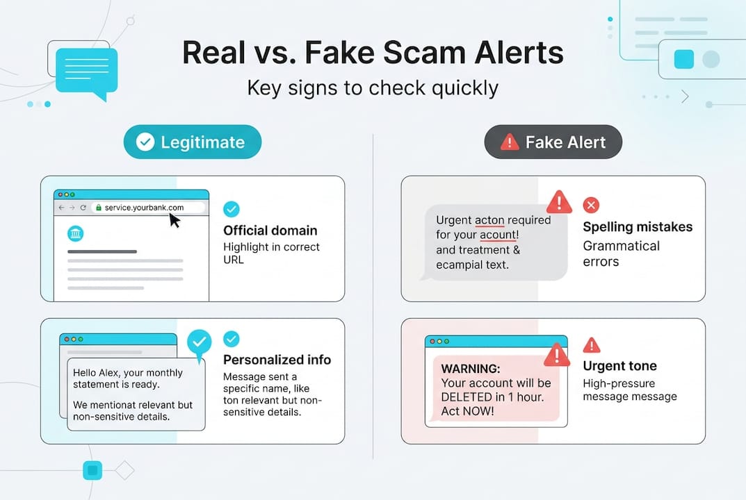 Infographic comparing real and fake scam alerts