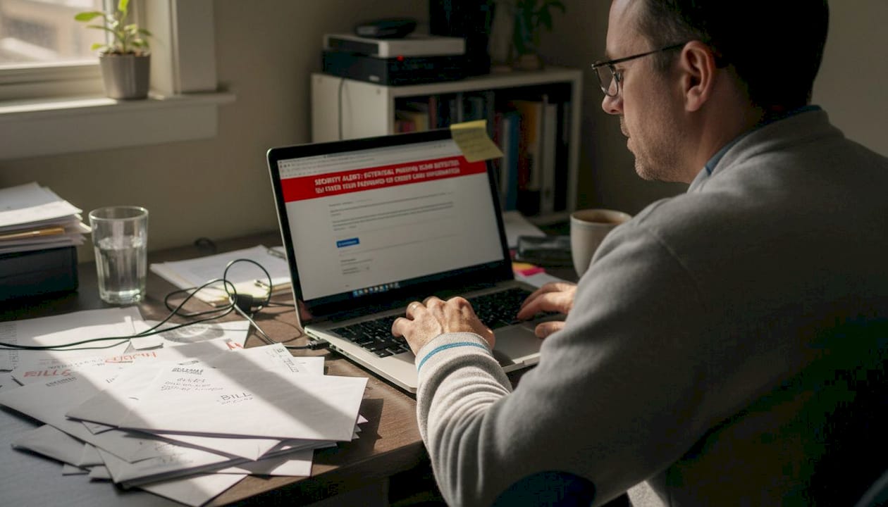 Man reviewing scam warning on laptop